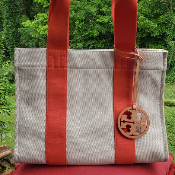 Tory Burch Handbags - Tory Burch Canvas Miller Tote Natural/Poppy Red